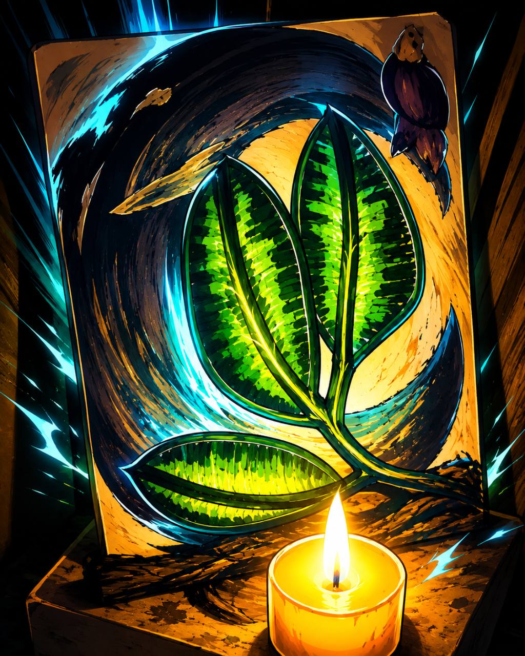 Vibrant illustrated green leaves swirling through electric blue and gold brushstrokes above a glowing candle, with a small winged figure near the upper corner
