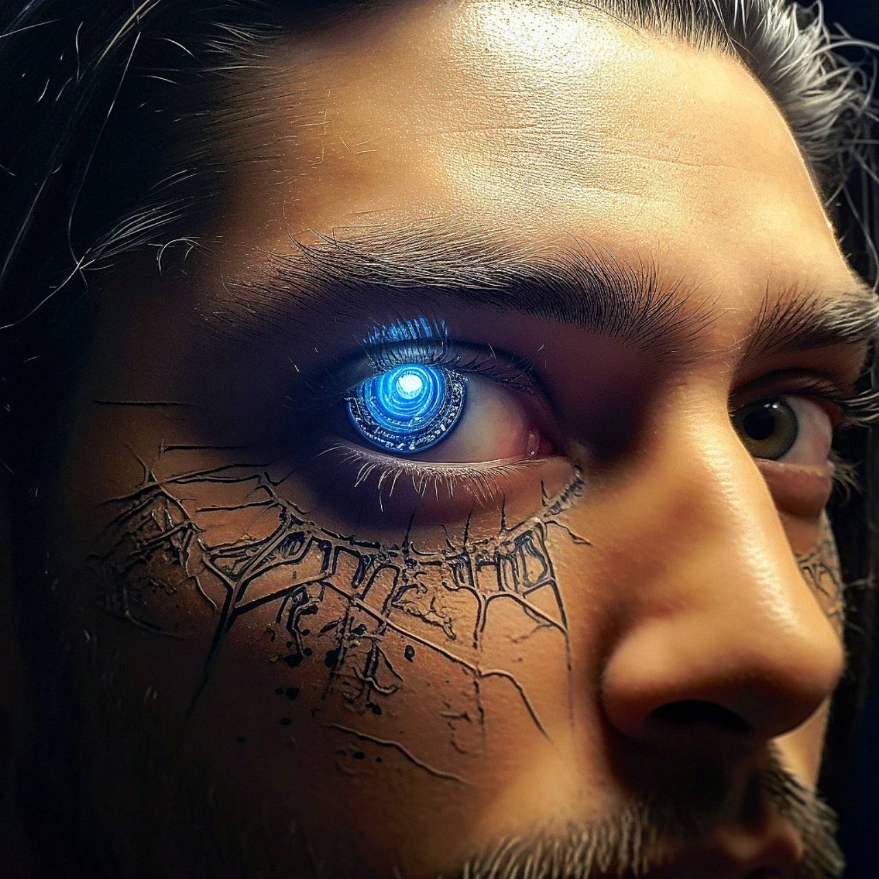 Close portrait of a human face with one natural eye and one luminous blue cybernetic eye surrounded by intricate circuit-like markings