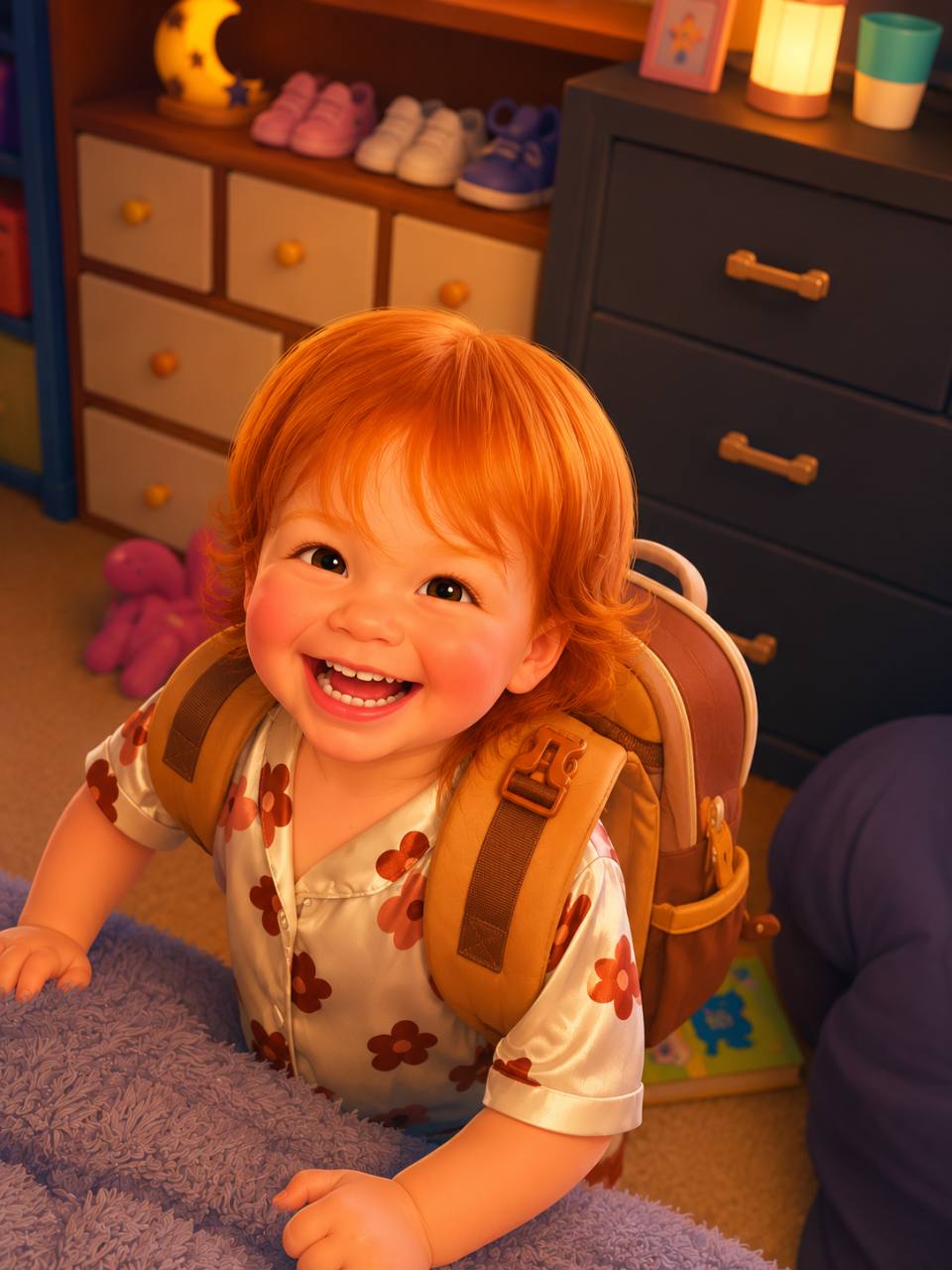 Smiling red-haired toddler wearing a small backpack in a warmly lit bedroom, surrounded by colorful shoes, toys, and bedtime details