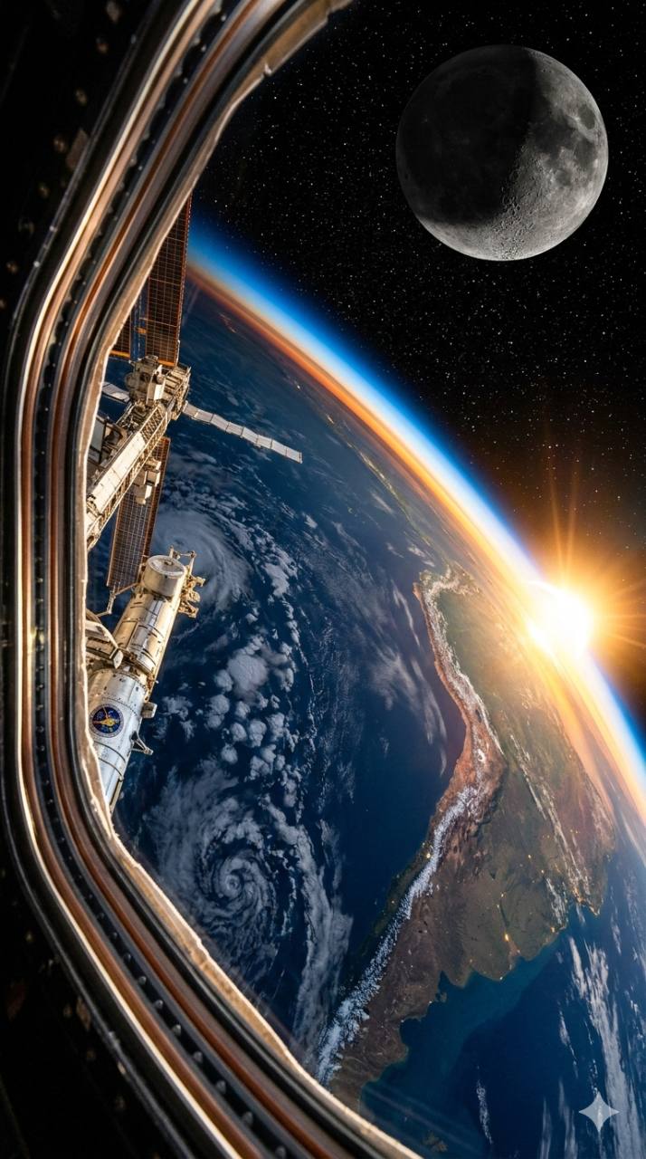 Orbital view through a spacecraft window, with Earth’s glowing horizon, a crescent moon, and sunrise suspended against deep space