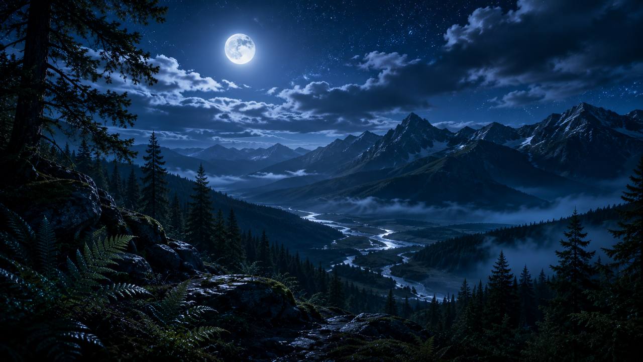Moonlit Pacific mountain range above a winding silver river, framed by shadowed evergreens, moss-covered rocks, and foreground ferns