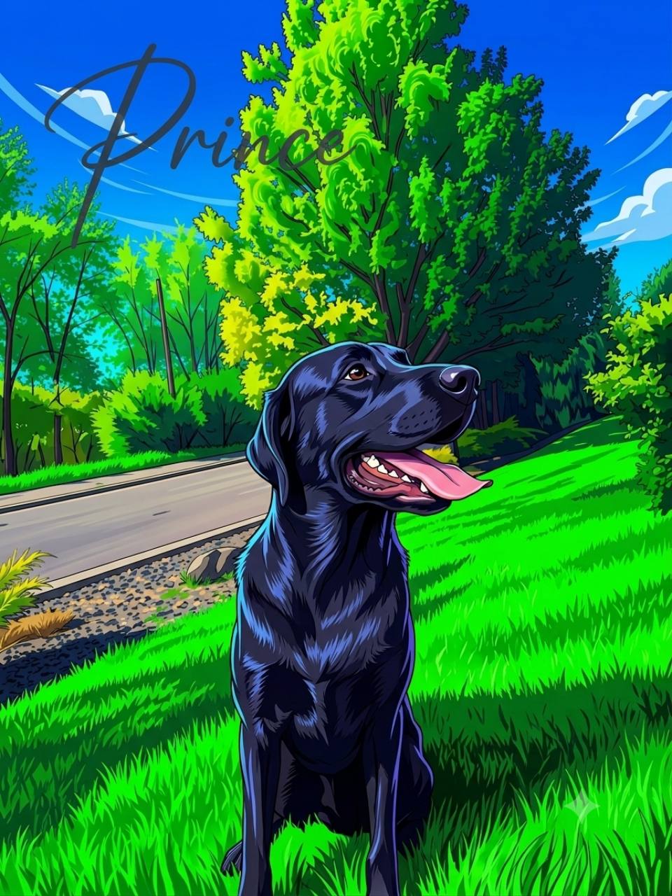 Vivid illustrated portrait of Prince, a black Great Dane and Labrador mix, sitting happily in bright green grass beside a tree-lined path