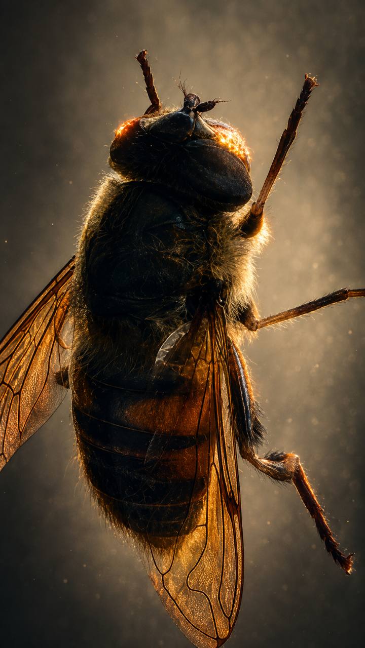 Extreme macro portrait of a winged insect, rim-lit in gold to reveal its large eyes, fine body hairs, and translucent veined wings